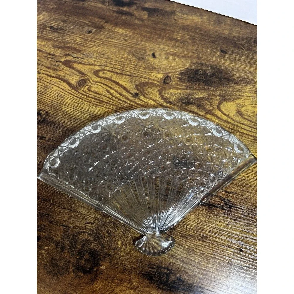 Vintage Pressed Glass Fan Shaped Serving Tray Crystal Starburst Vanity Decor Art